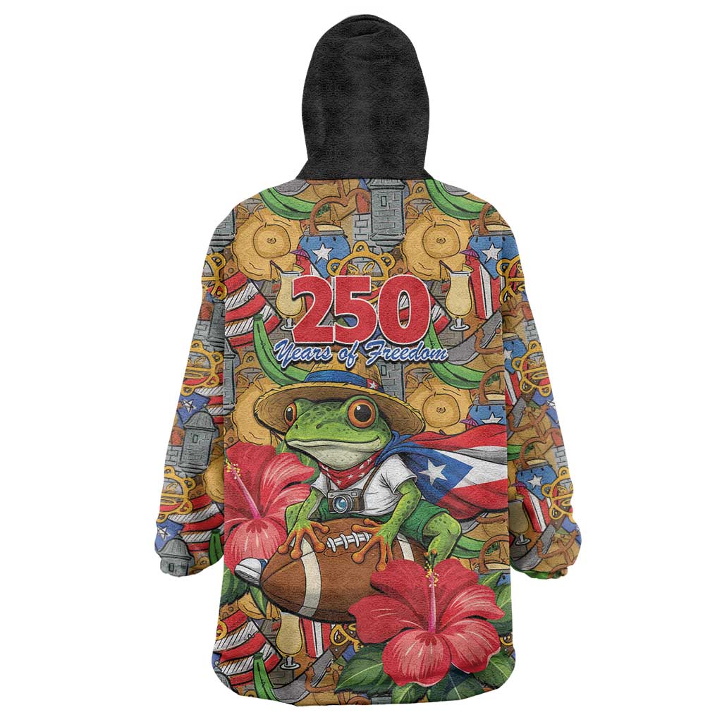 Patriotic Coqui Frog Football Wearable Blanket Hoodie 250 Years of Freedom Puerto Rico Flag Stand