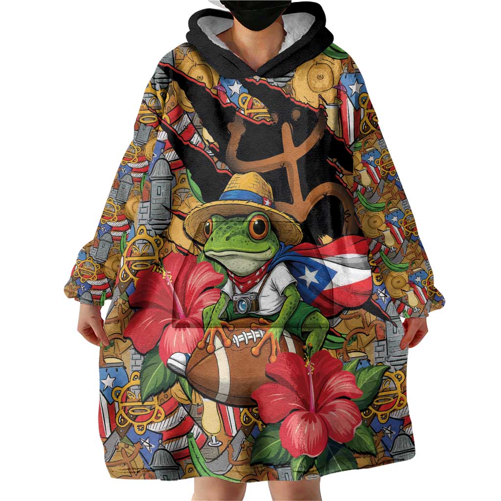Patriotic Coqui Frog Football Wearable Blanket Hoodie 250 Years of Freedom Puerto Rico Flag Stand