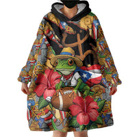 Patriotic Coqui Frog Football Wearable Blanket Hoodie 250 Years of Freedom Puerto Rico Flag Stand