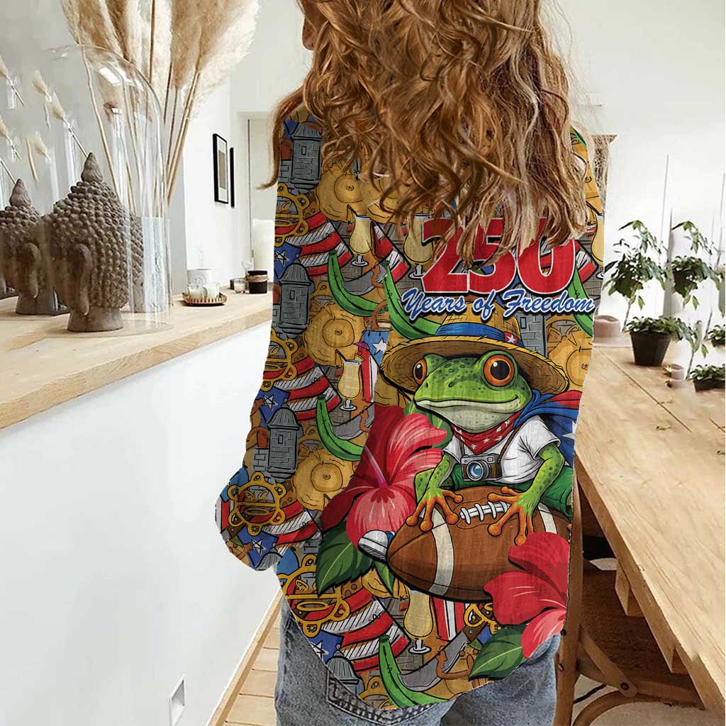 Patriotic Coqui Frog Football Women Casual Shirt 250 Years of Freedom Puerto Rico Flag Stand