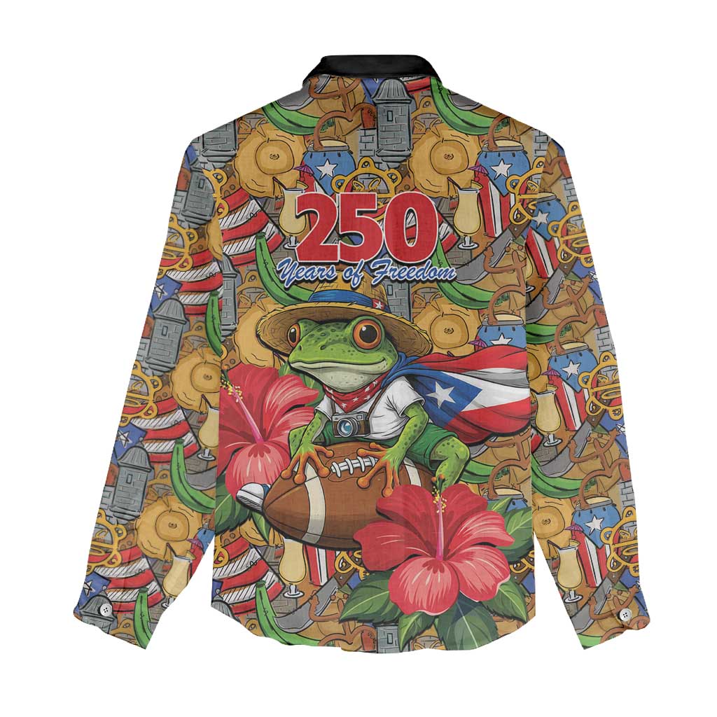Patriotic Coqui Frog Football Women Casual Shirt 250 Years of Freedom Puerto Rico Flag Stand