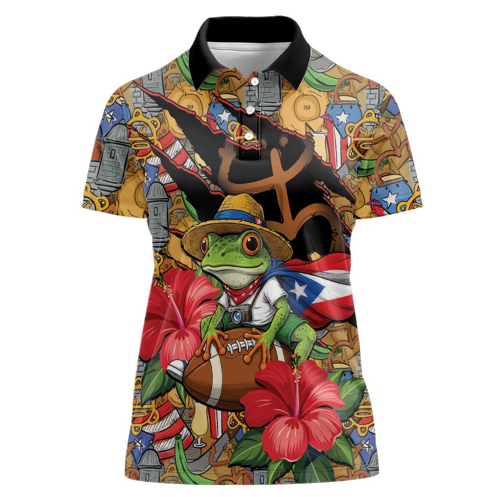 Patriotic Coqui Frog Football Women Polo Shirt 250 Years of Freedom Puerto Rico Flag Stand