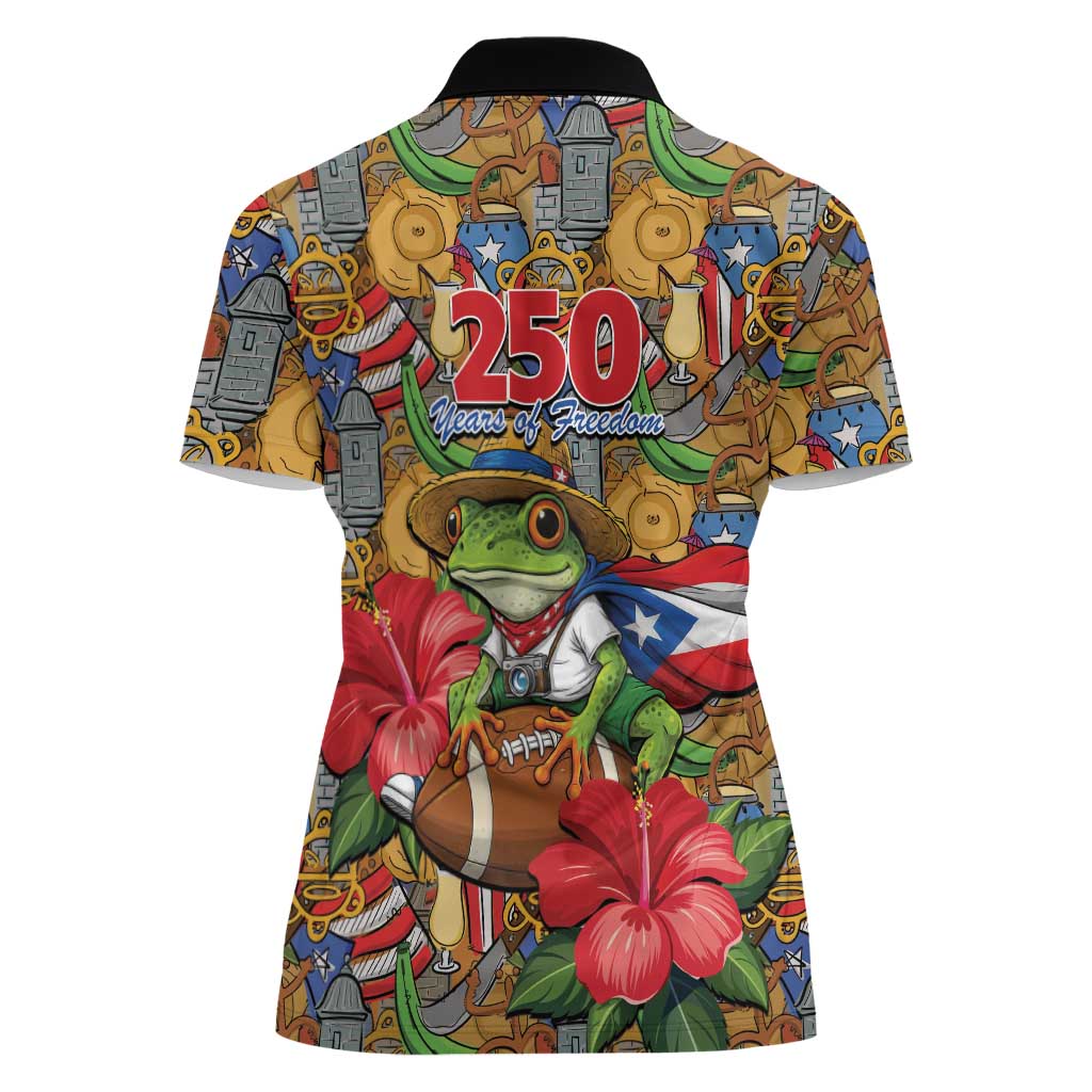Patriotic Coqui Frog Football Women Polo Shirt 250 Years of Freedom Puerto Rico Flag Stand
