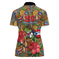 Patriotic Coqui Frog Football Women Polo Shirt 250 Years of Freedom Puerto Rico Flag Stand