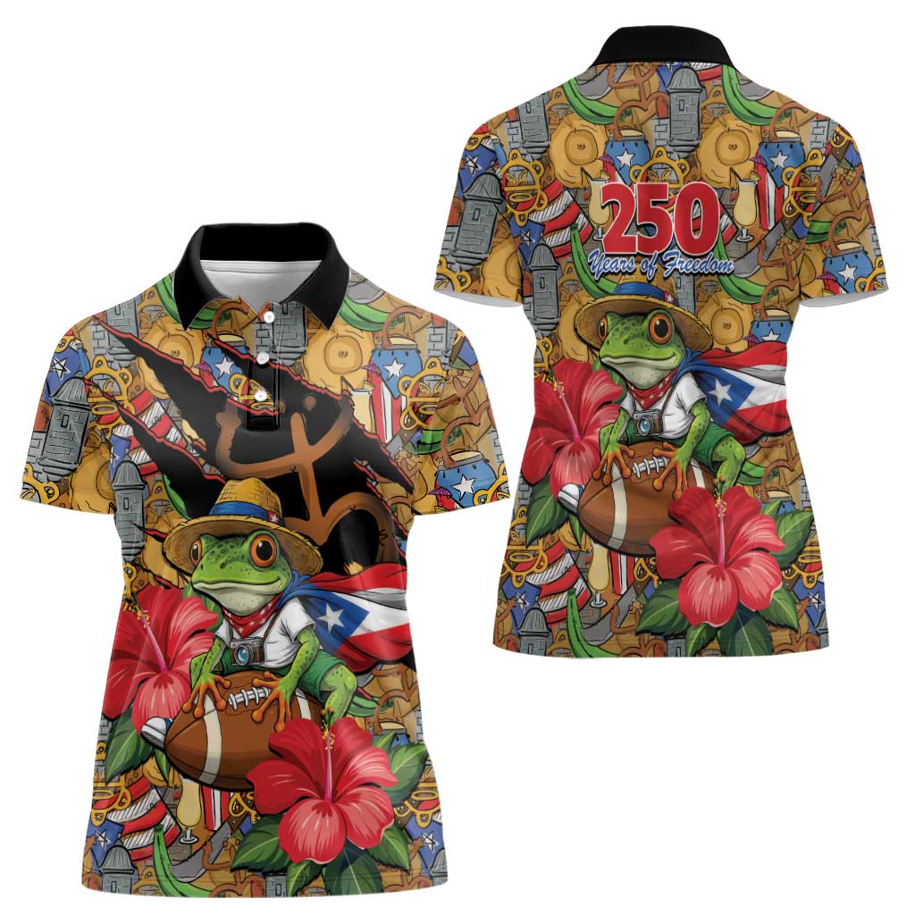 Patriotic Coqui Frog Football Women Polo Shirt 250 Years of Freedom Puerto Rico Flag Stand
