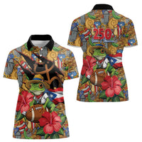 Patriotic Coqui Frog Football Women Polo Shirt 250 Years of Freedom Puerto Rico Flag Stand