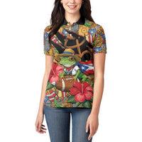 Patriotic Coqui Frog Football Women Polo Shirt 250 Years of Freedom Puerto Rico Flag Stand