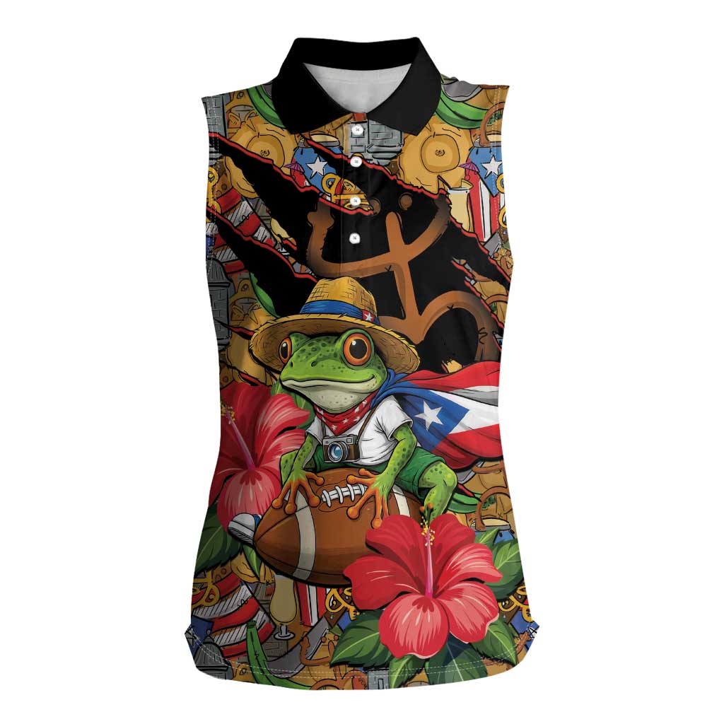 Patriotic Coqui Frog Football Women Sleeveless Polo Shirt 250 Years of Freedom Puerto Rico Flag Stand