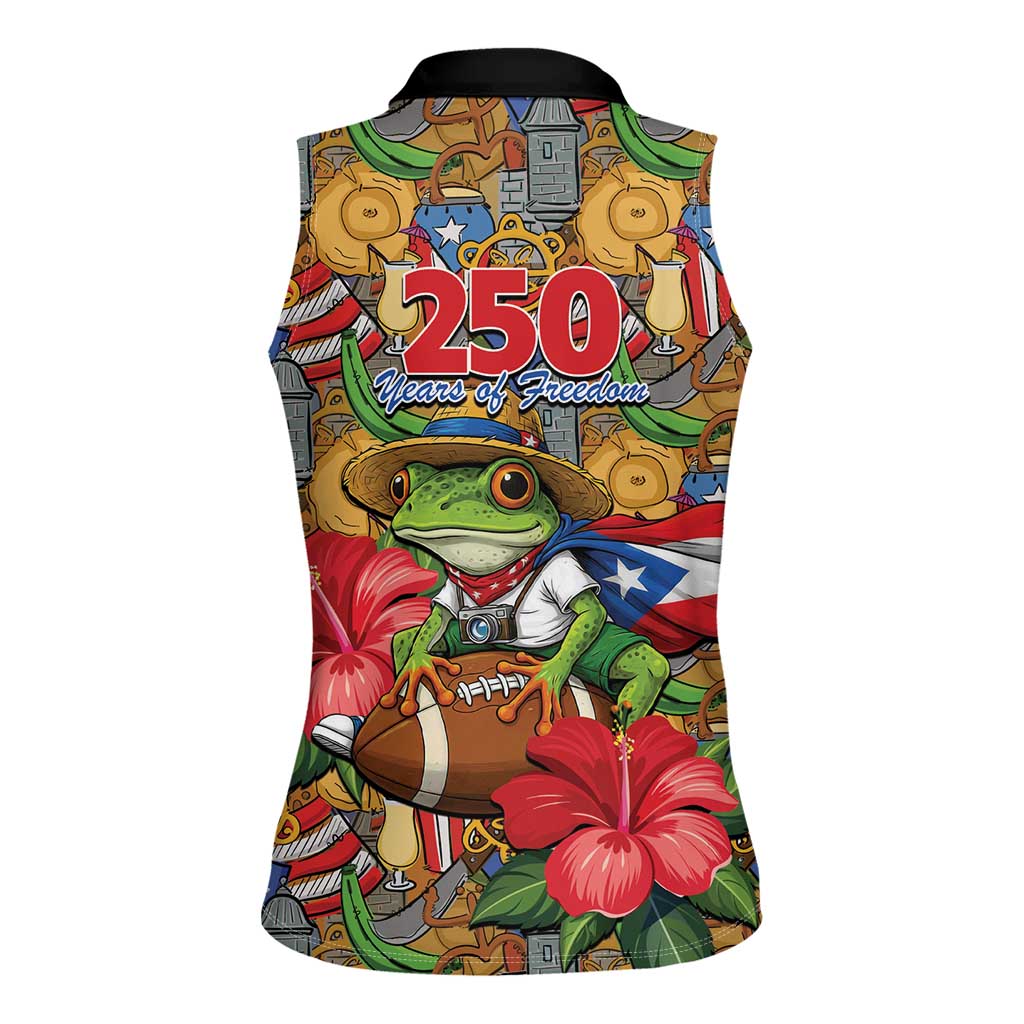 Patriotic Coqui Frog Football Women Sleeveless Polo Shirt 250 Years of Freedom Puerto Rico Flag Stand