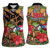 Patriotic Coqui Frog Football Women Sleeveless Polo Shirt 250 Years of Freedom Puerto Rico Flag Stand