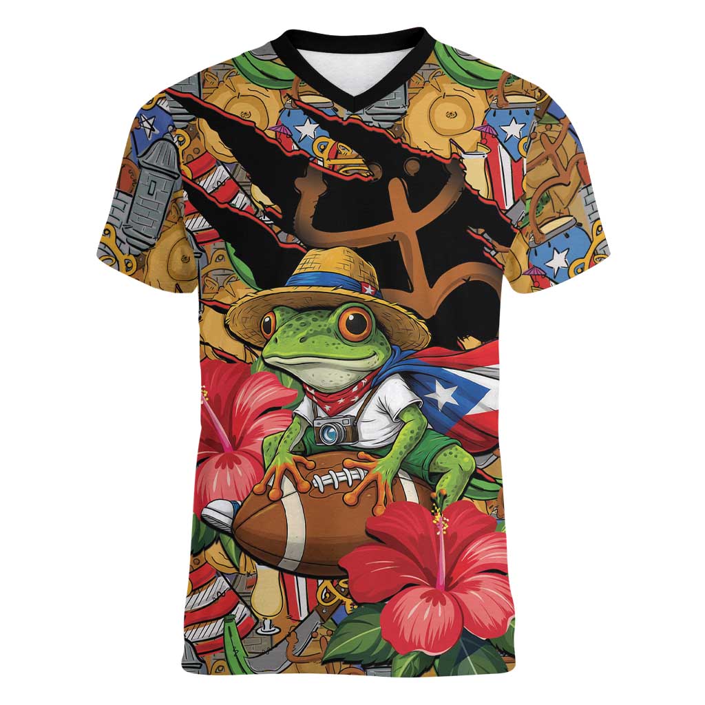 Patriotic Coqui Frog Football Women V-Neck T-Shirt 250 Years of Freedom Puerto Rico Flag Stand