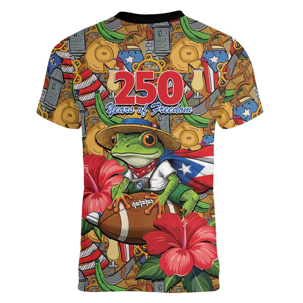 Patriotic Coqui Frog Football Women V-Neck T-Shirt 250 Years of Freedom Puerto Rico Flag Stand