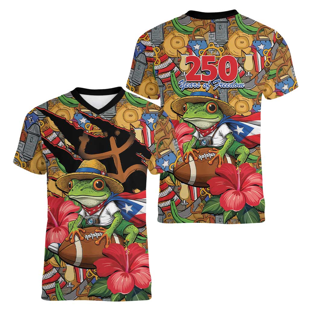 Patriotic Coqui Frog Football Women V-Neck T-Shirt 250 Years of Freedom Puerto Rico Flag Stand