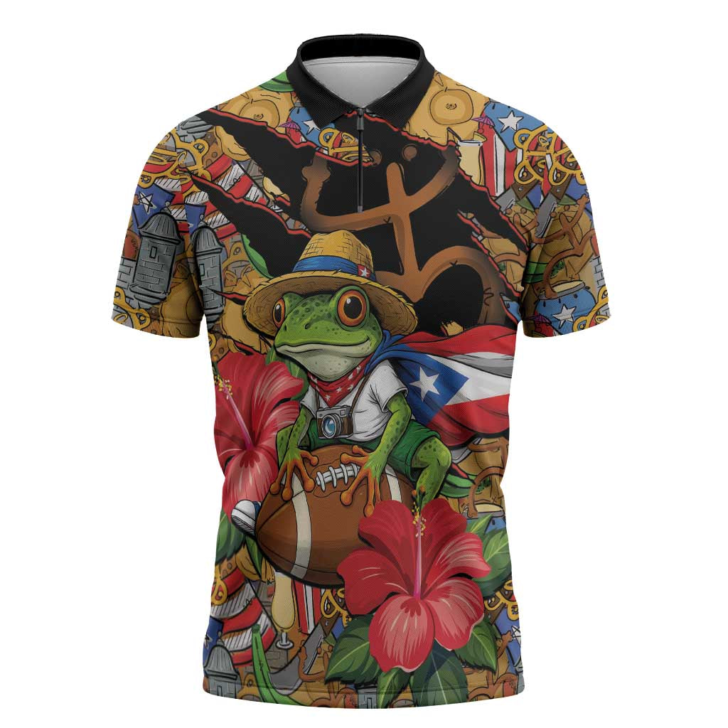 Patriotic Coqui Frog Football Zipper Polo Shirt 250 Years of Freedom Puerto Rico Flag Stand