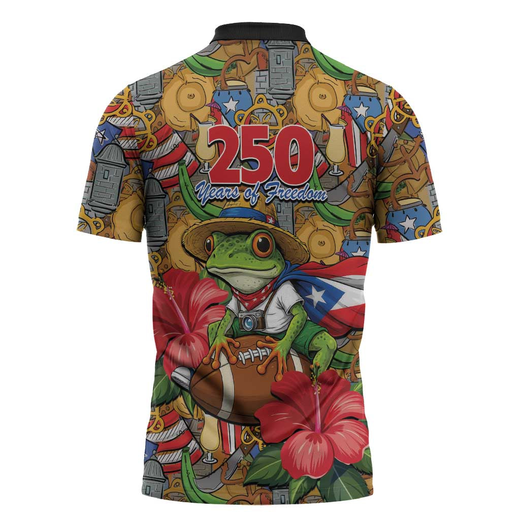 Patriotic Coqui Frog Football Zipper Polo Shirt 250 Years of Freedom Puerto Rico Flag Stand