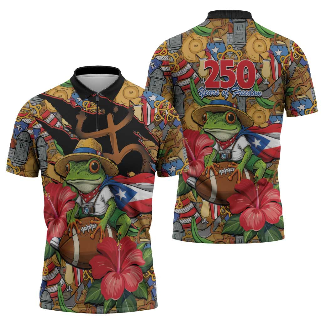 Patriotic Coqui Frog Football Zipper Polo Shirt 250 Years of Freedom Puerto Rico Flag Stand