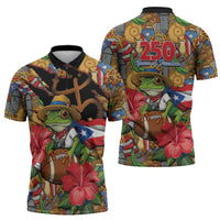 Patriotic Coqui Frog Football Zipper Polo Shirt 250 Years of Freedom Puerto Rico Flag Stand