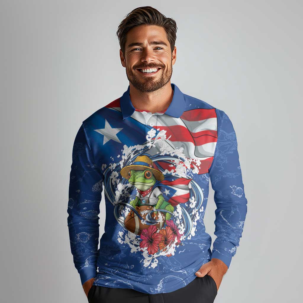 Puerto Rican Coquí Football Long Sleeve Polo Shirt Here For The Benito Bowl