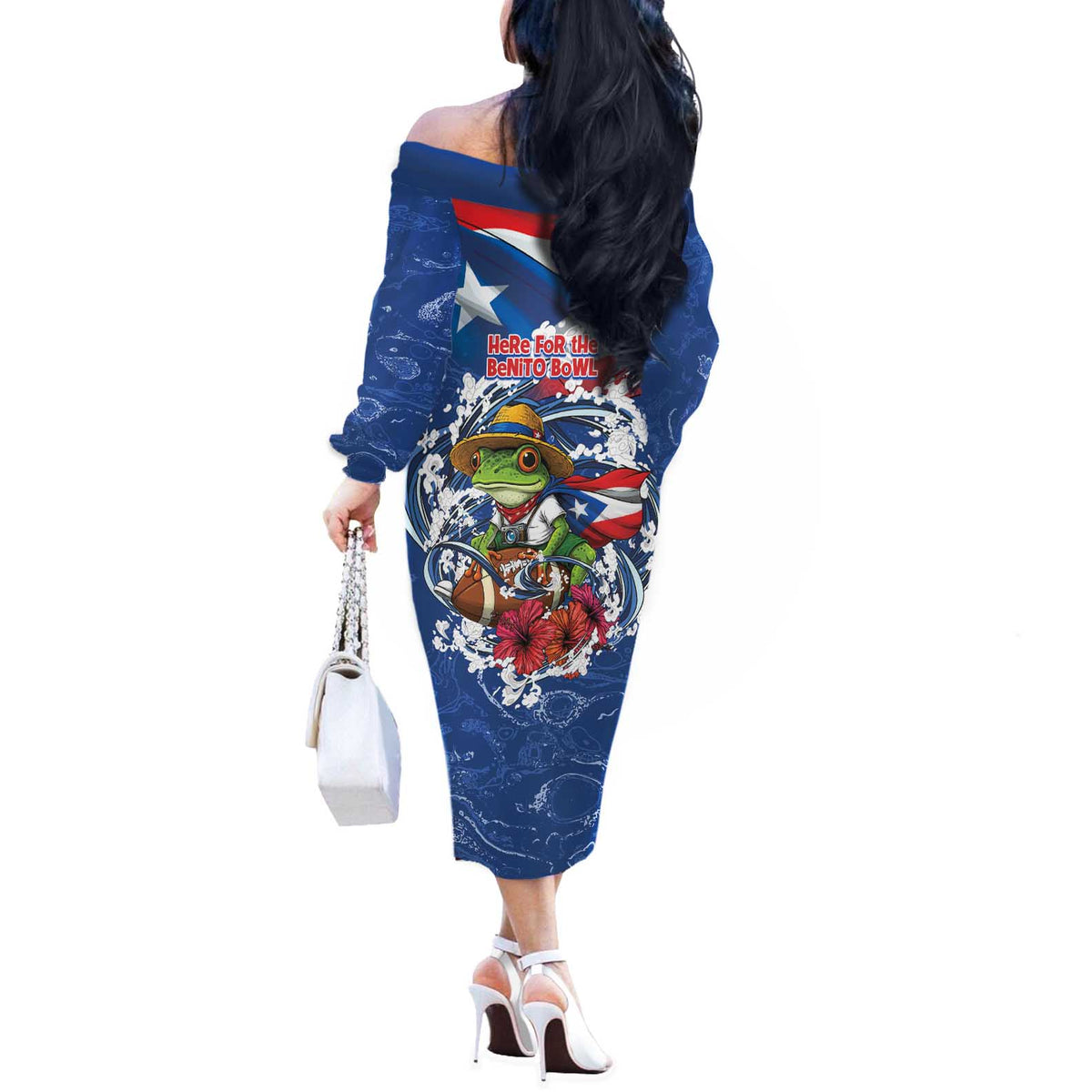 Puerto Rican Coquí Football Off The Shoulder Long Sleeve Dress Here For The Benito Bowl