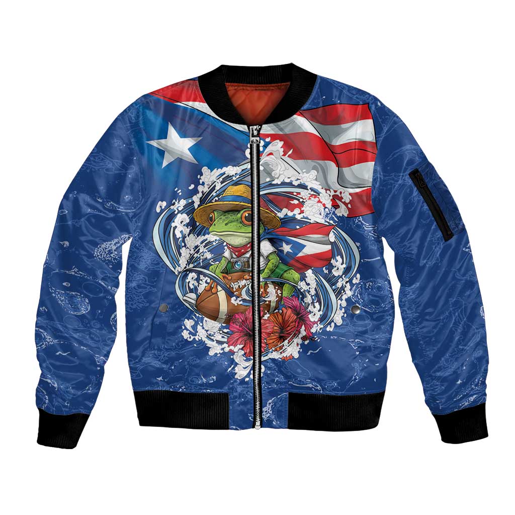 Puerto Rican Coquí Football Sleeve Zip Bomber Jacket Here For The Benito Bowl