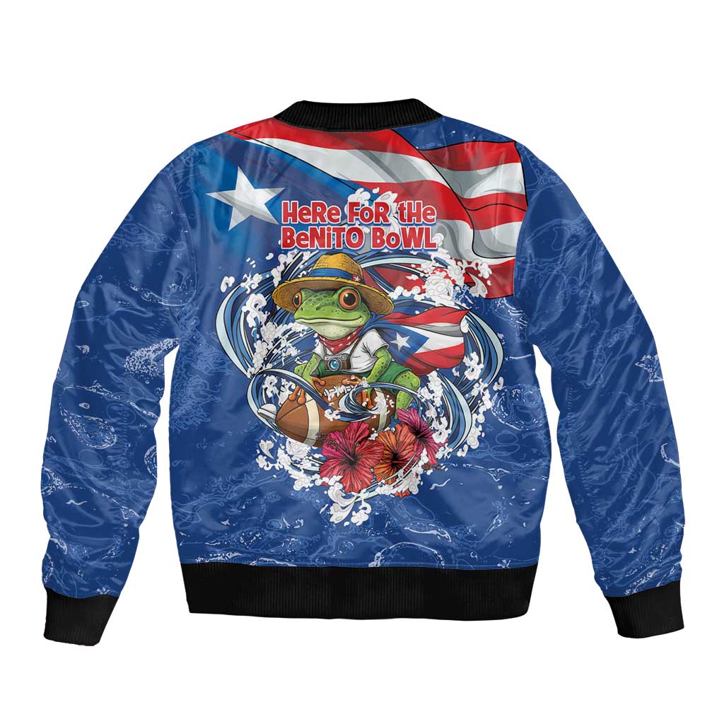 Puerto Rican Coquí Football Sleeve Zip Bomber Jacket Here For The Benito Bowl