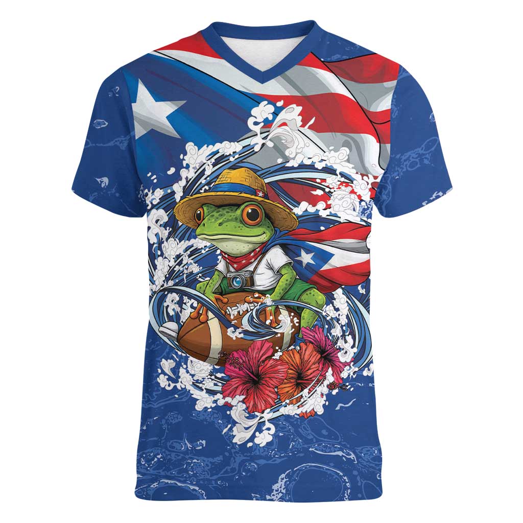 Puerto Rican Coquí Football Women V-Neck T-Shirt Here For The Benito Bowl