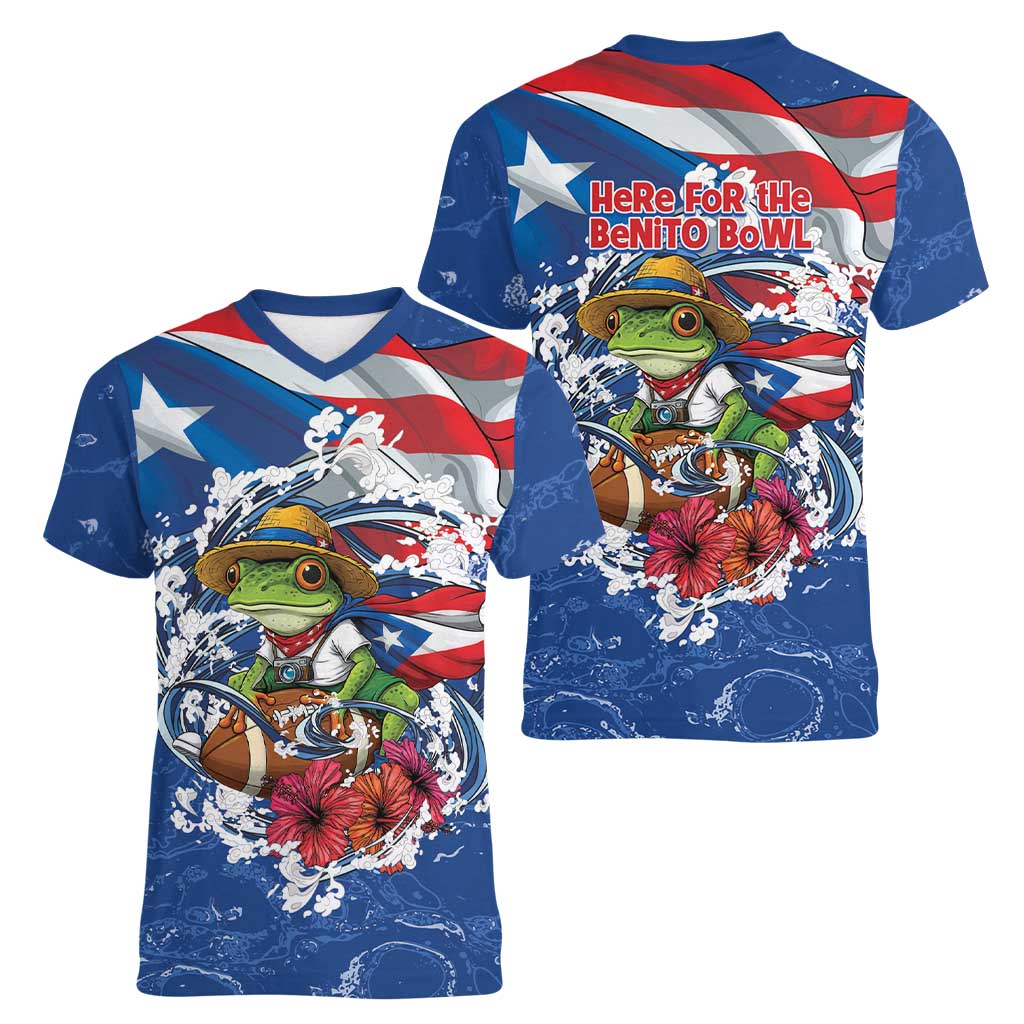 Puerto Rican Coquí Football Women V-Neck T-Shirt Here For The Benito Bowl