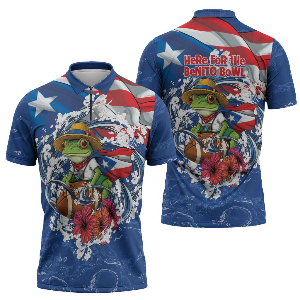 Puerto Rican Coquí Football Zipper Polo Shirt Here For The Benito Bowl