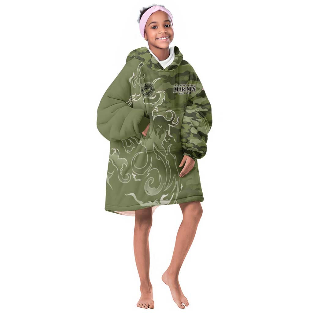 Montford Point Marines Kid Wearable Blanket Hoodie Flame Fire Military Green Camo