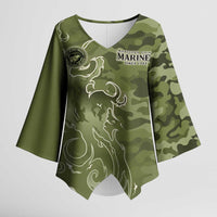 Montford Point Marines Kimono Sleeve Blouse Flame Fire Military Green Camo