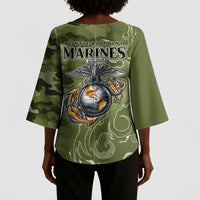 Montford Point Marines Kimono Sleeve Blouse Flame Fire Military Green Camo