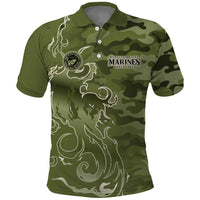 Montford Point Marines Polo Shirt Flame Fire Military Green Camo