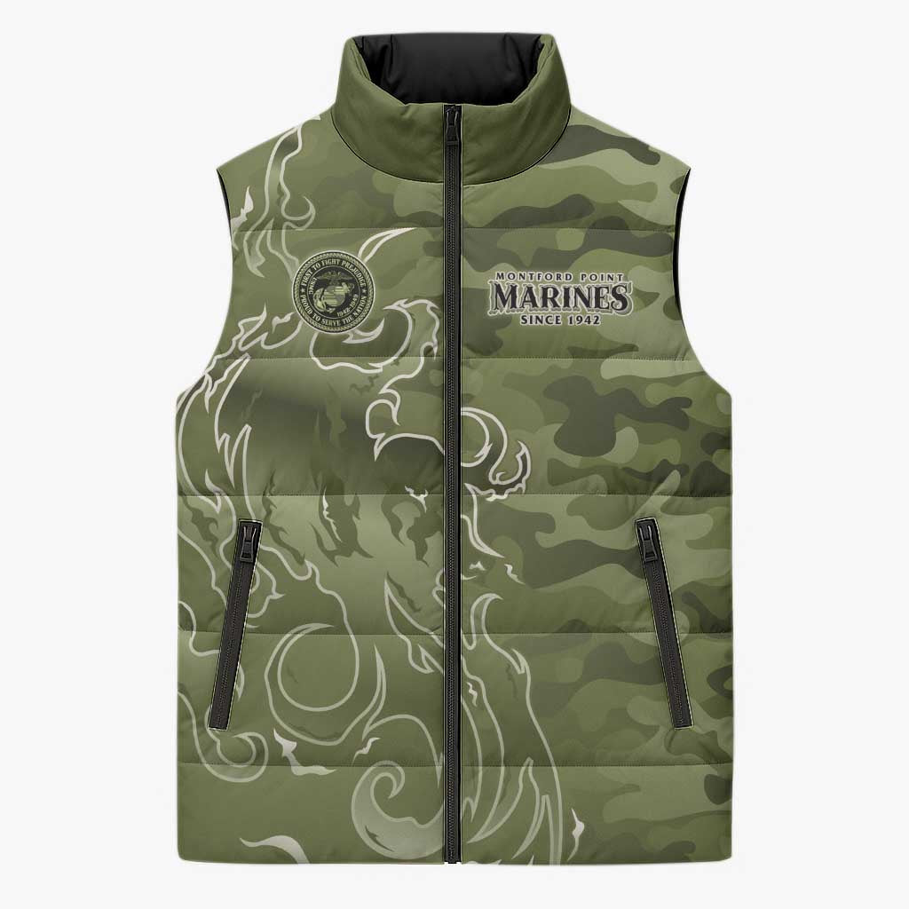 Montford Point Marines Sleeveless Puffer Jacket Flame Fire Military Green Camo
