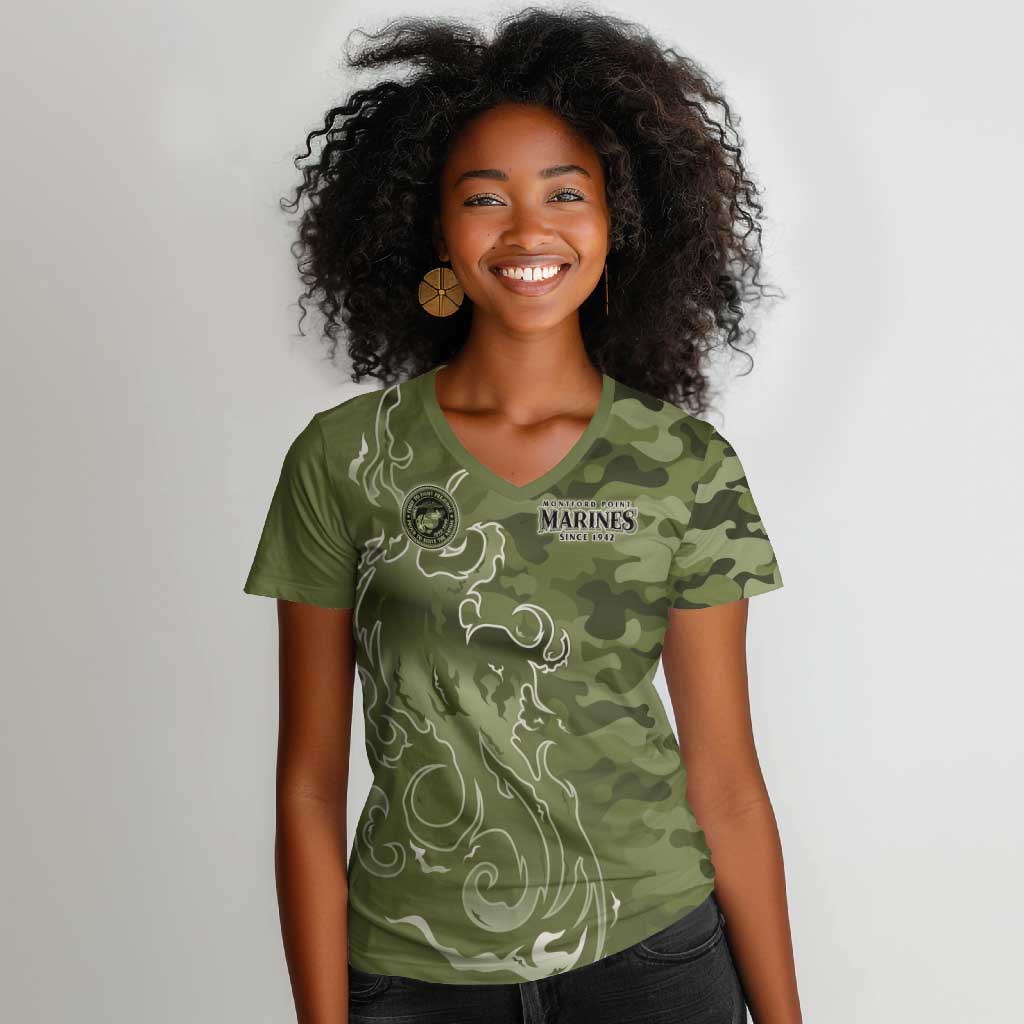 Montford Point Marines Women V-Neck T-Shirt Flame Fire Military Green Camo