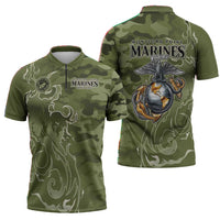 Montford Point Marines Zipper Polo Shirt Flame Fire Military Green Camo