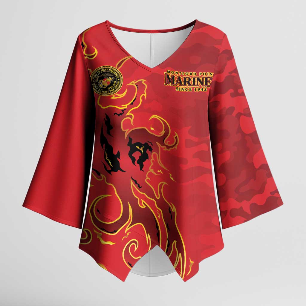 Montford Point Marines Kimono Sleeve Blouse Flame Fire Military Red Camo