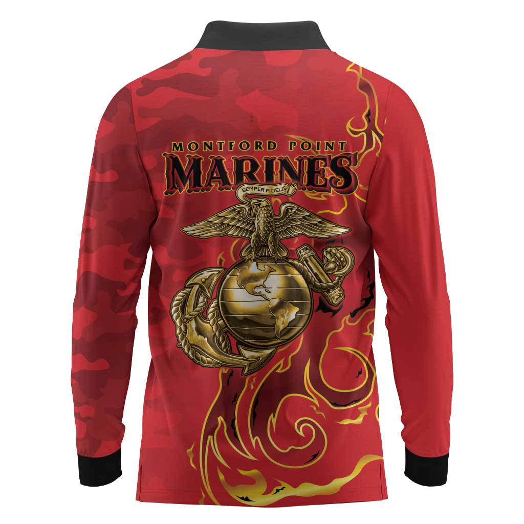 Montford Point Marines Long Sleeve Polo Shirt Flame Fire Military Red Camo