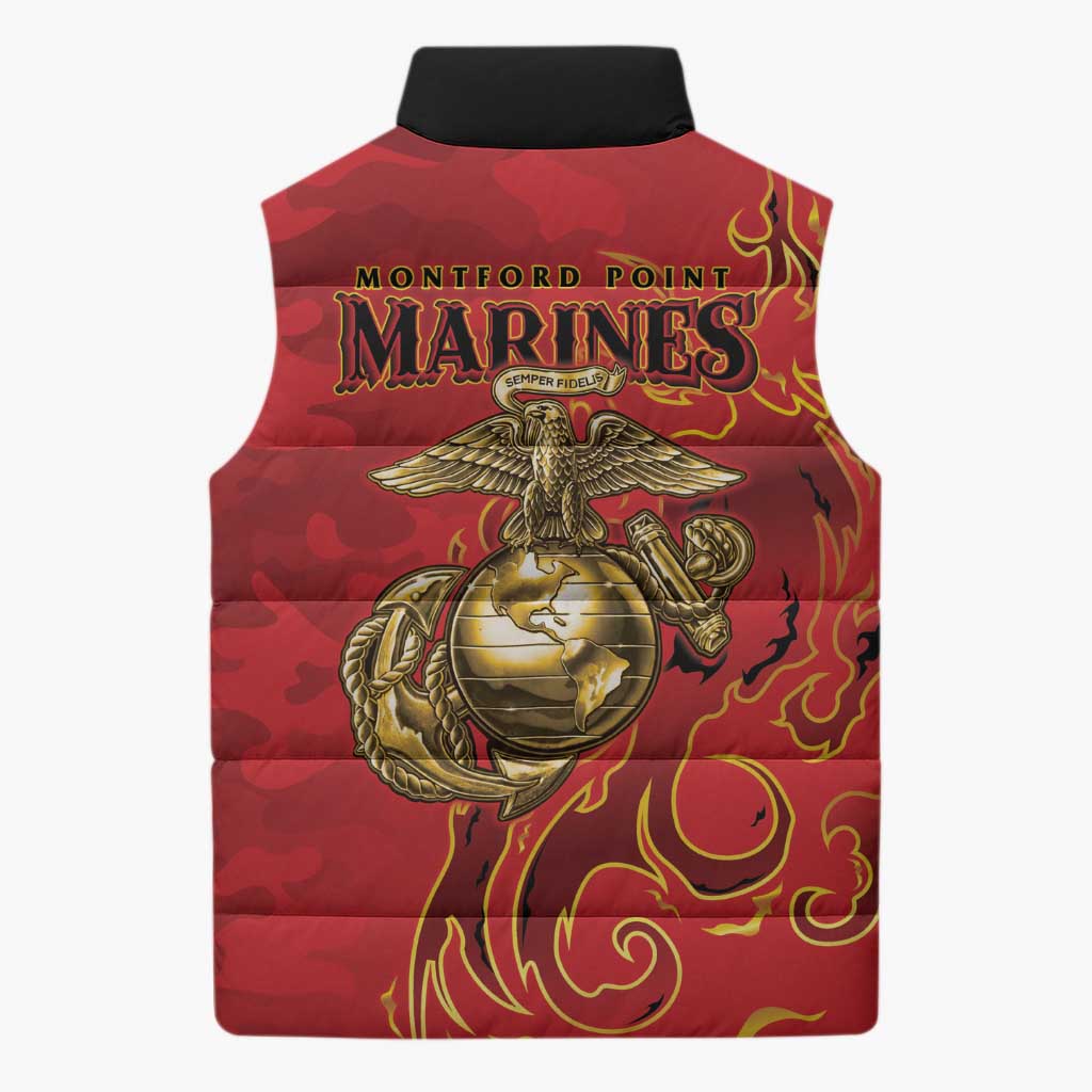 Montford Point Marines Sleeveless Puffer Jacket Flame Fire Military Red Camo