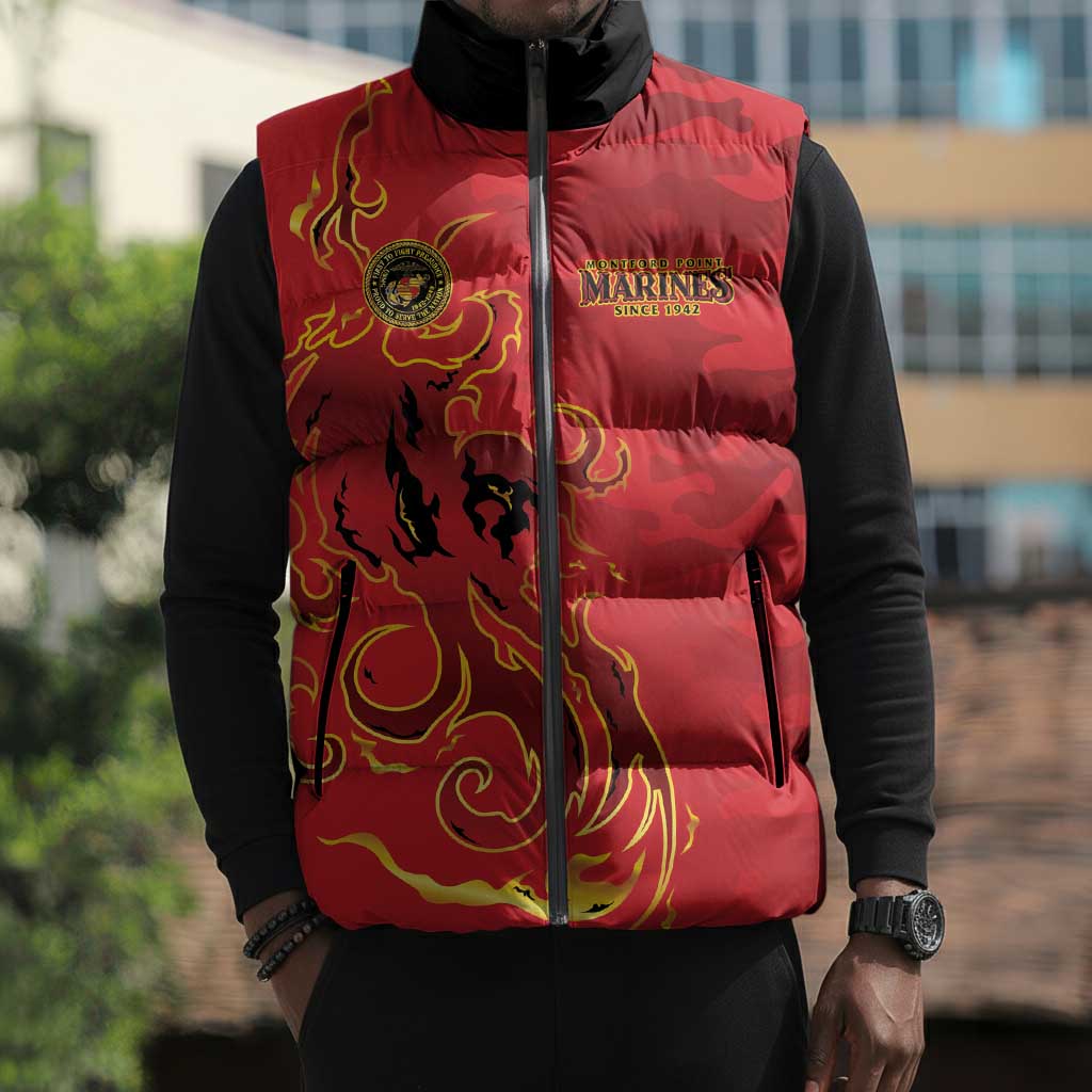 Montford Point Marines Sleeveless Puffer Jacket Flame Fire Military Red Camo