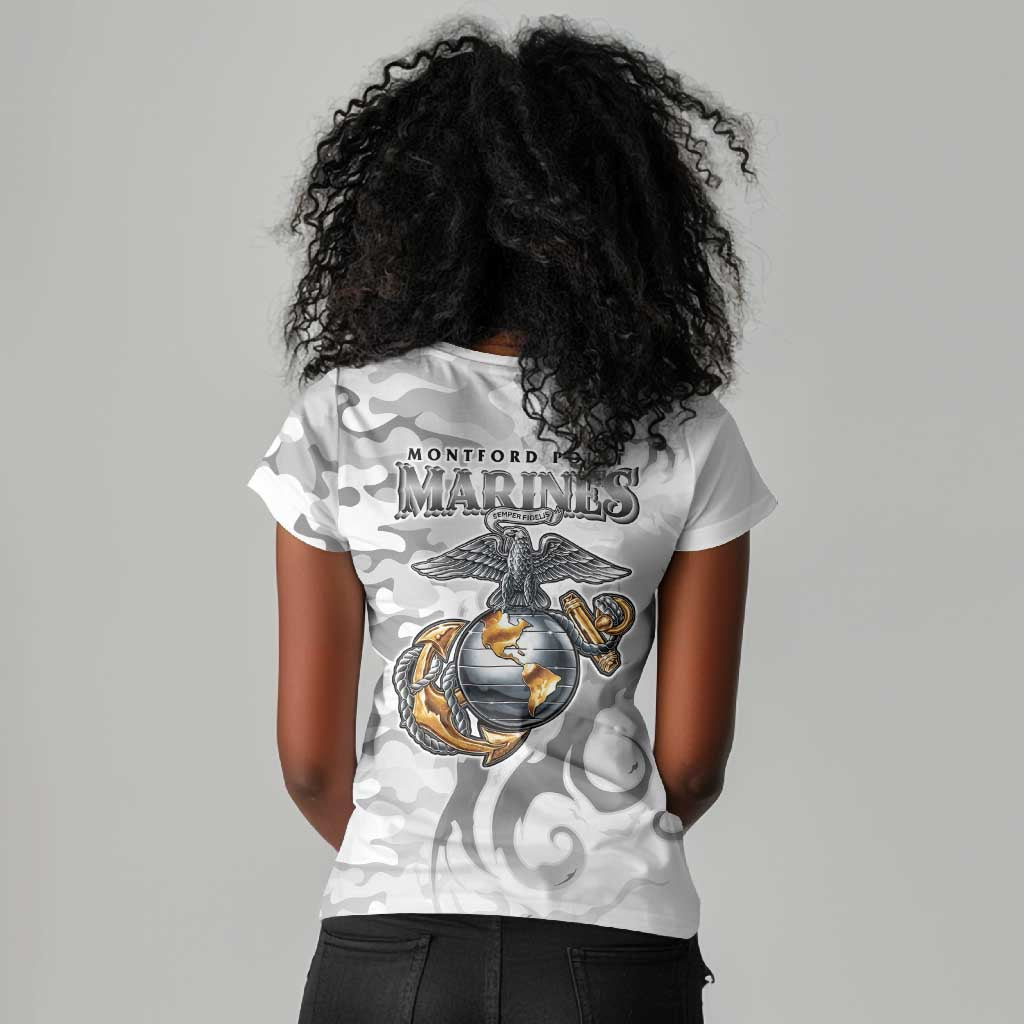 Montford Point Marines Women V-Neck T-Shirt Flame Fire Military White Camo