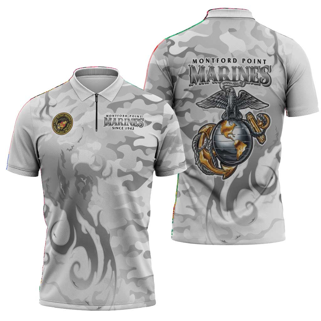 Montford Point Marines Zipper Polo Shirt Flame Fire Military White Camo