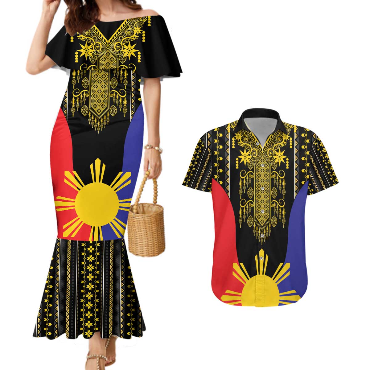 Afro Pinoy Blackapino Half Black Filipino Couples Matching Mermaid Dress and Hawaiian Shirt