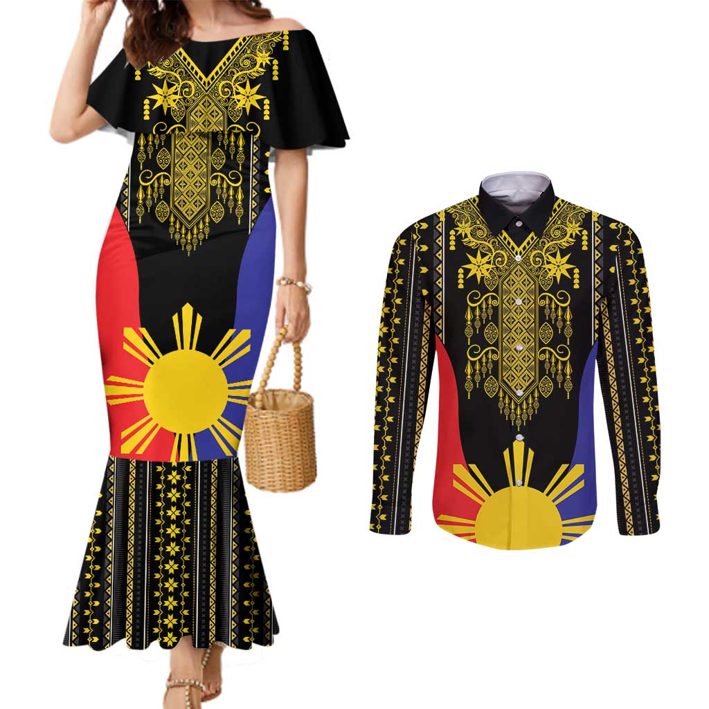 Afro Pinoy Blackapino Half Black Filipino Couples Matching Mermaid Dress and Long Sleeve Button Shirt