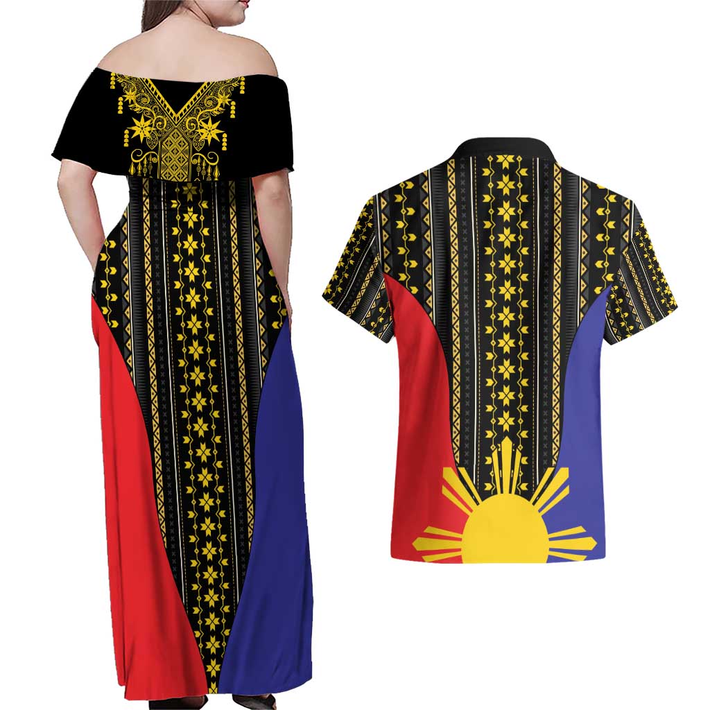 Afro Pinoy Blackapino Half Black Filipino Couples Matching Off Shoulder Maxi Dress and Hawaiian Shirt