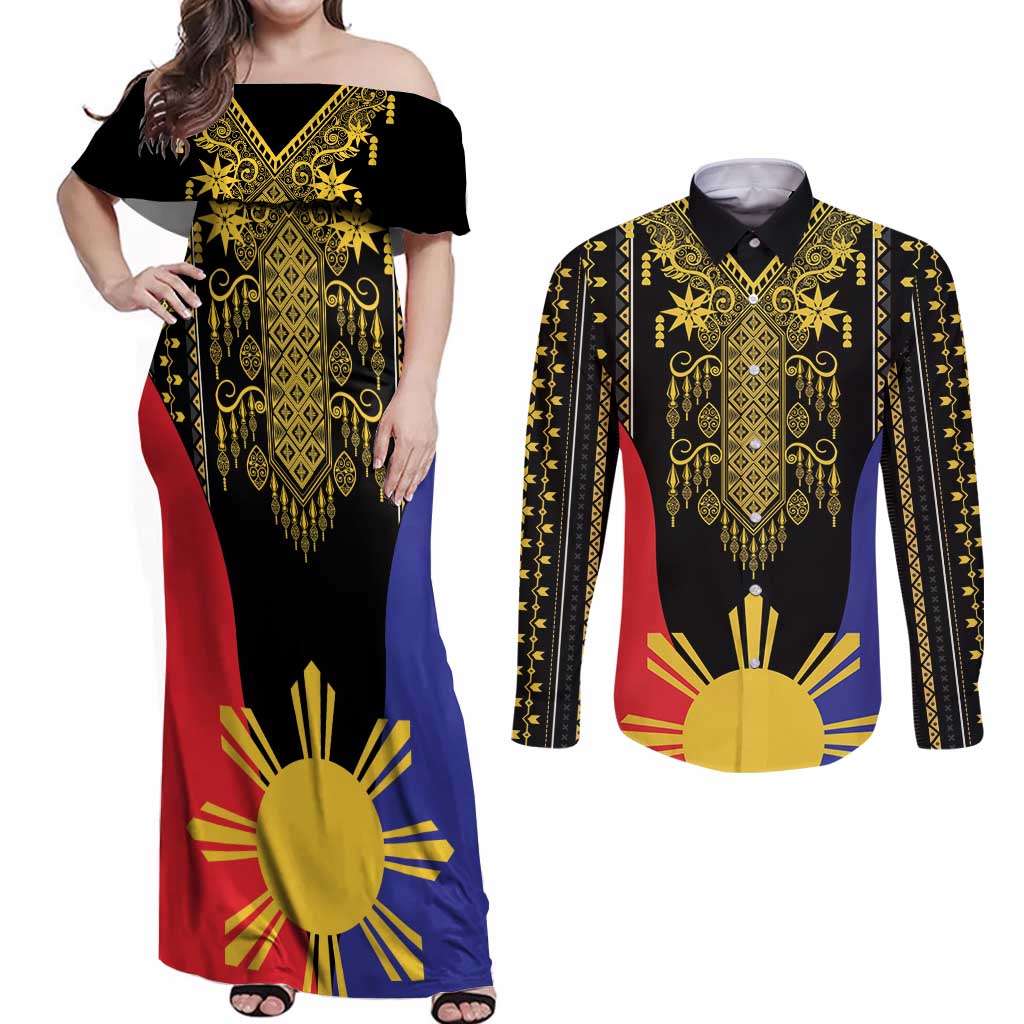 Afro Pinoy Blackapino Half Black Filipino Couples Matching Off Shoulder Maxi Dress and Long Sleeve Button Shirt