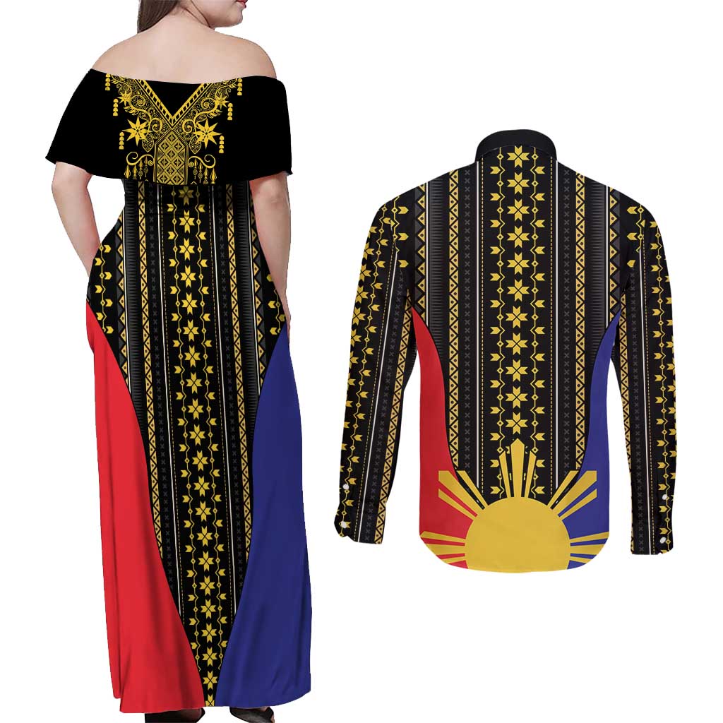 Afro Pinoy Blackapino Half Black Filipino Couples Matching Off Shoulder Maxi Dress and Long Sleeve Button Shirt
