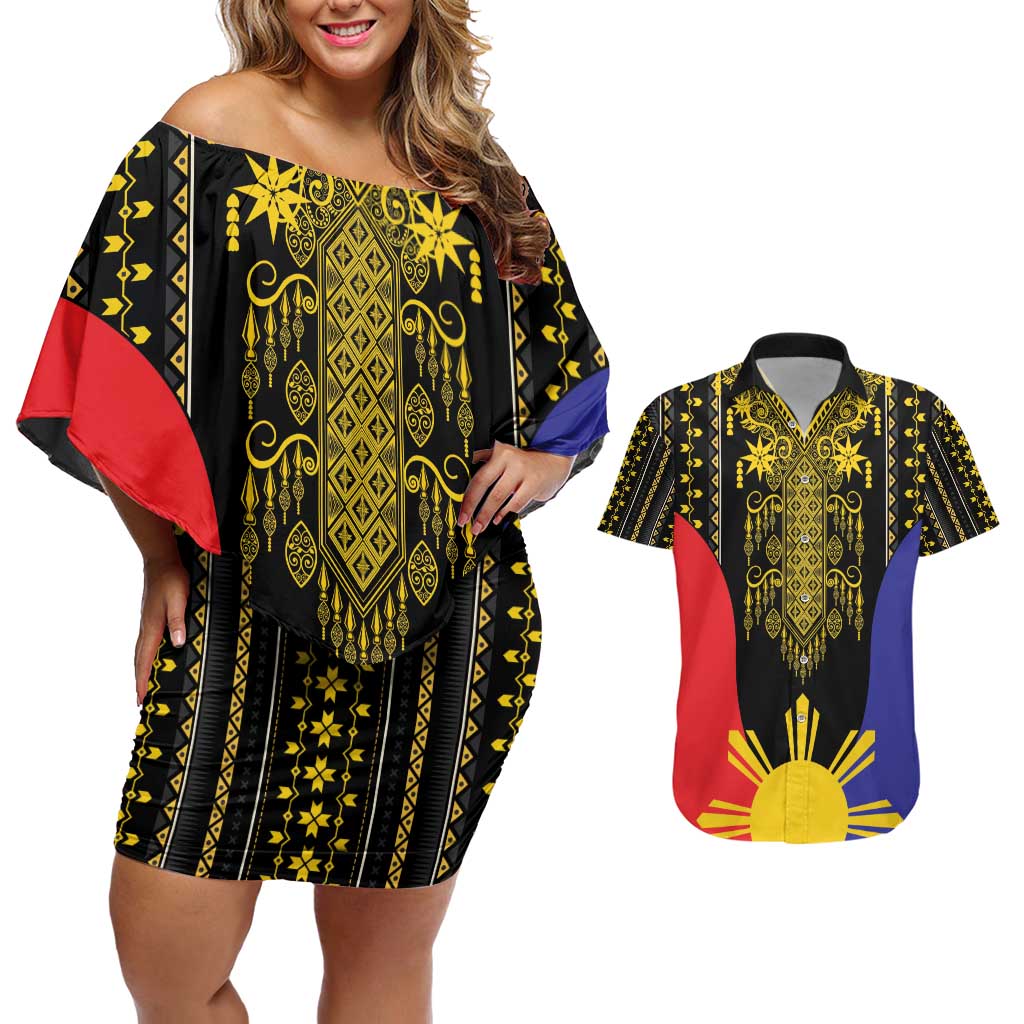 Afro Pinoy Blackapino Half Black Filipino Couples Matching Off Shoulder Short Dress and Hawaiian Shirt
