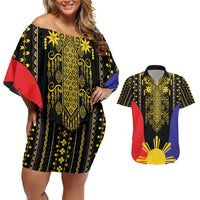 Afro Pinoy Blackapino Half Black Filipino Couples Matching Off Shoulder Short Dress and Hawaiian Shirt