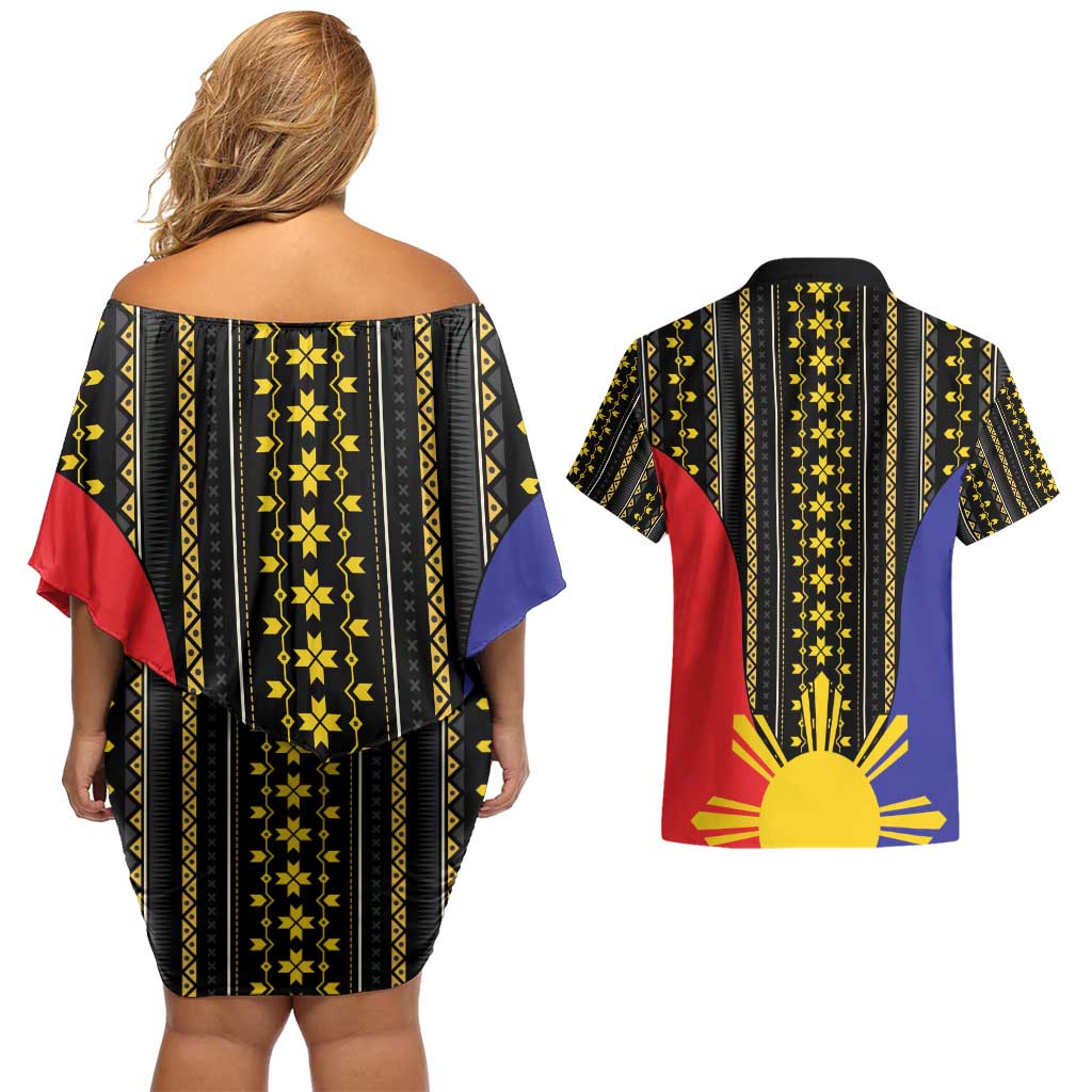 Afro Pinoy Blackapino Half Black Filipino Couples Matching Off Shoulder Short Dress and Hawaiian Shirt