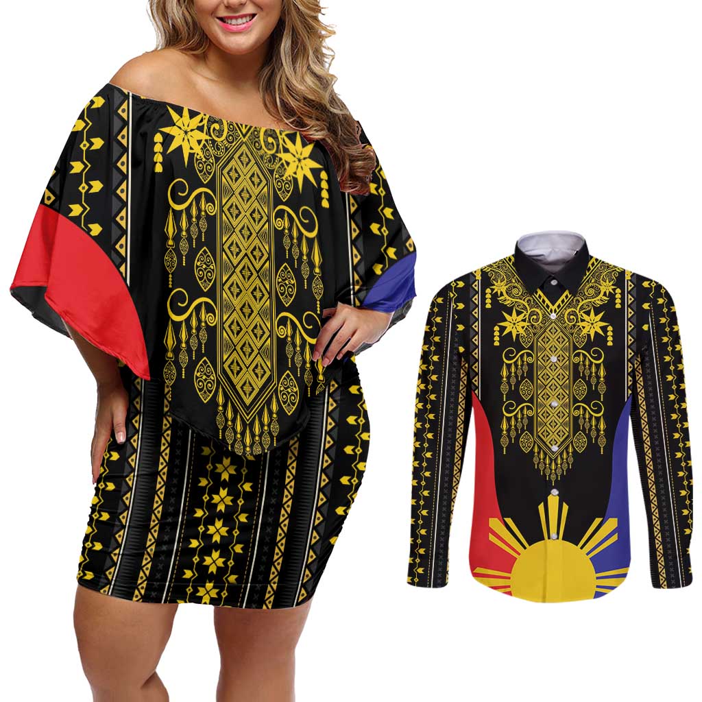 Afro Pinoy Blackapino Half Black Filipino Couples Matching Off Shoulder Short Dress and Long Sleeve Button Shirt